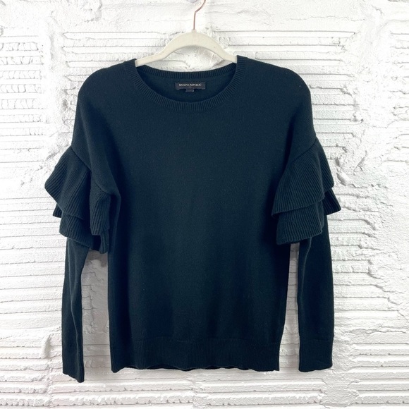 Banana Republic Black Wool Blend Ruffle Sleeve Crewneck Sweater Size XS - Picture 1 of 12